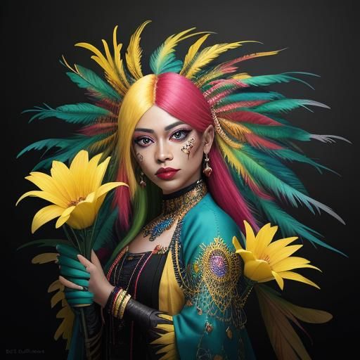 Colorful Woman Portrait in Chicano Surrealist Style