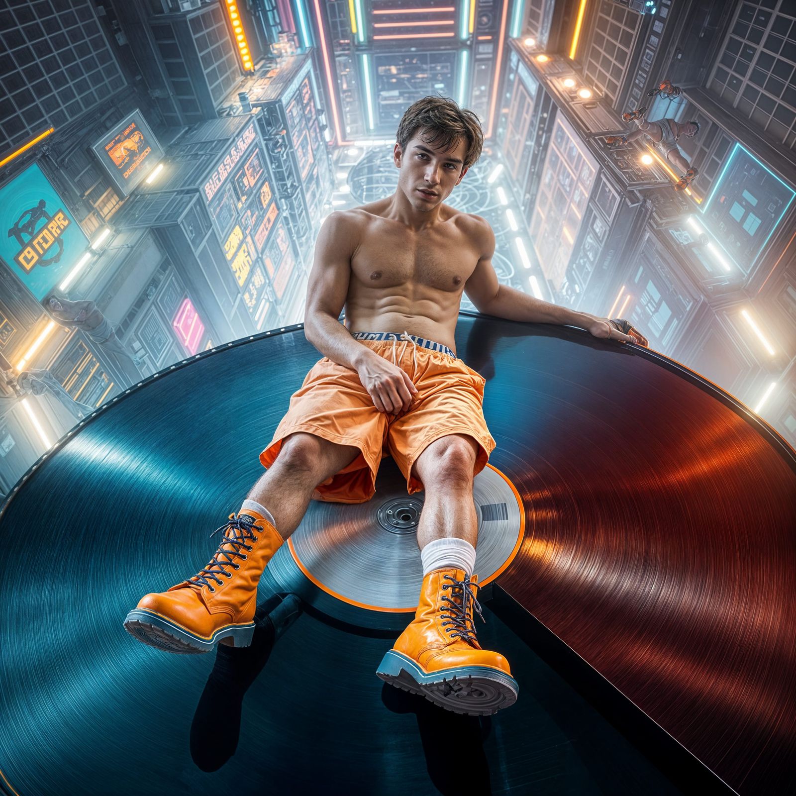 Shirtless Man Spins on Record, Swept Up in Vibrant Lights