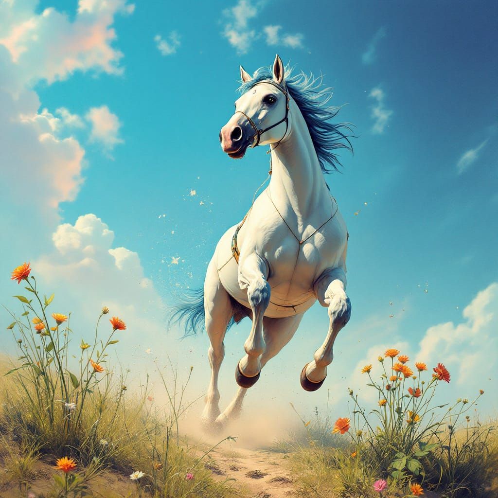 Majestic White Stallion Leaps Amidst Solarpunk Blooms