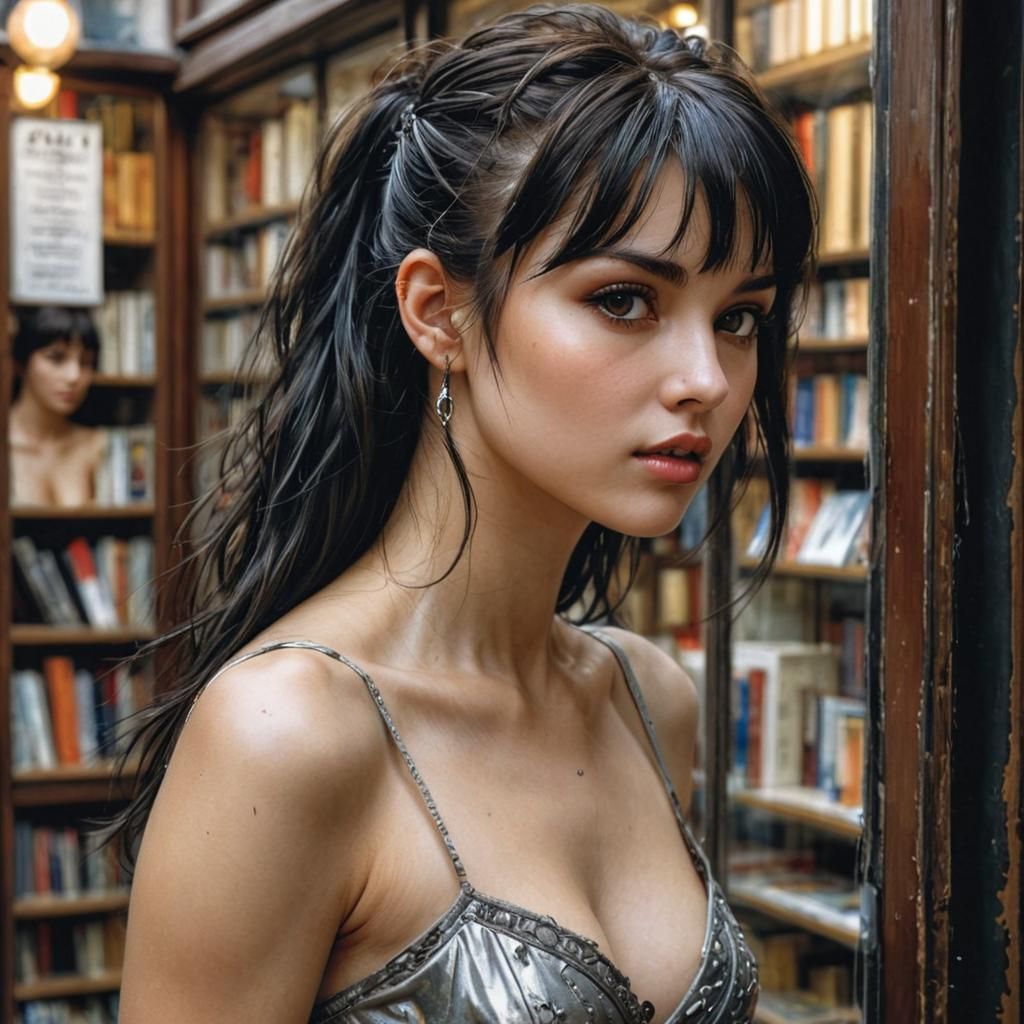 Beautiful Woman in Bookstore Window, Hyperrealistic Portrait