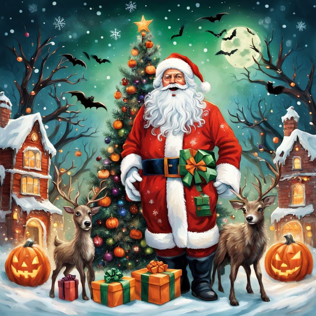 Spooky Santa Claus with Reindeer in Halloween Christmas Scen...