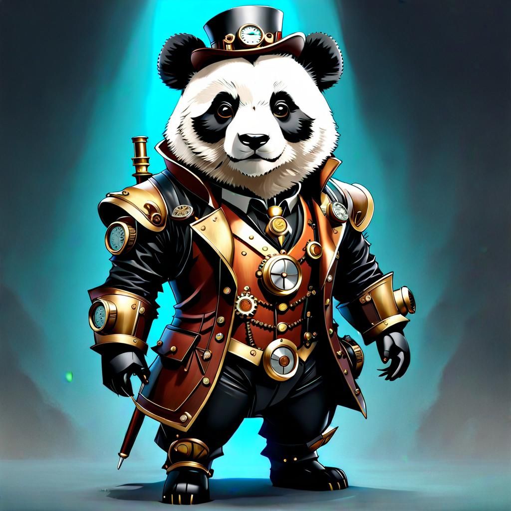 Adorable Steampunk Panda with Intricate Mechanical Details