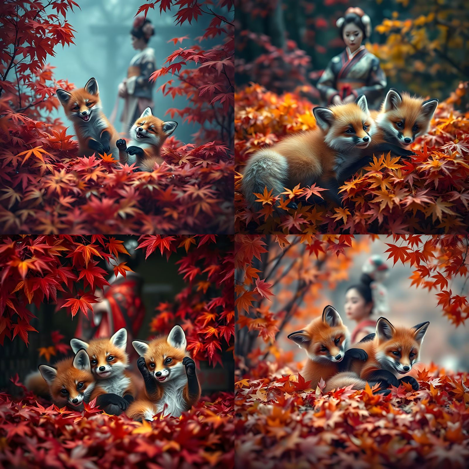 Baby Foxes Play in Autumn Leaves with Geisha Background
