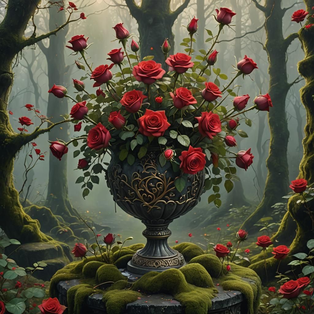 Red Roses in Mystical Forest: Oil Painting