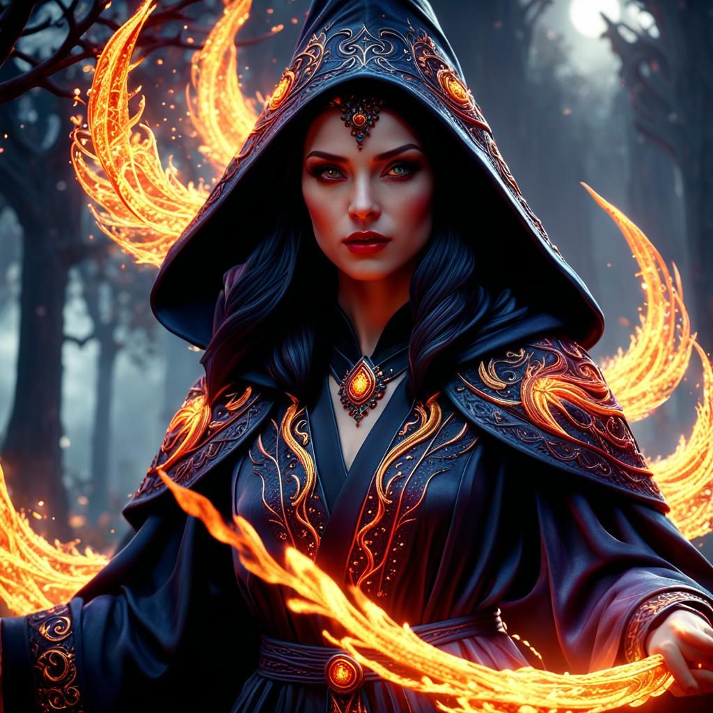 Dark Witch with Fire, Hyperdetailed Digital Art