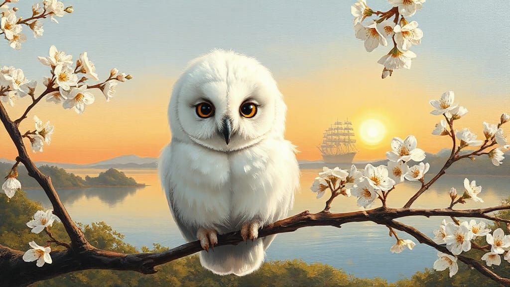 Vibrant Impasto Landscape with Owl and Cherry Blossoms