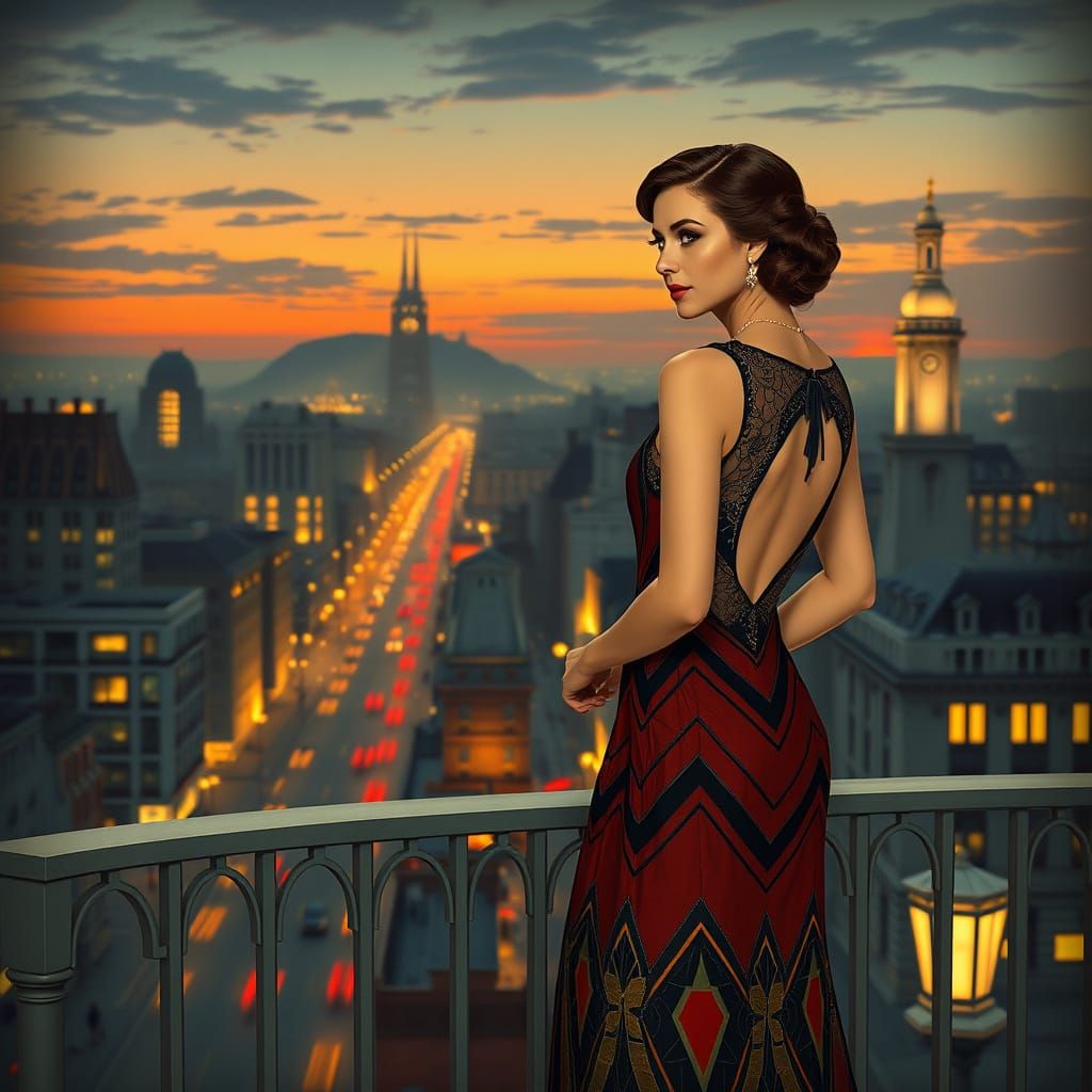 Regal Art Deco Woman on Balcony Overlooking 1920s City