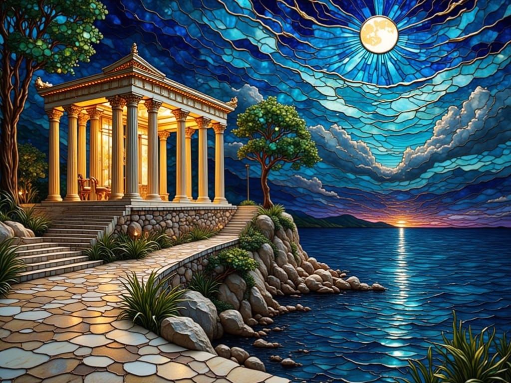 Ancient Greek Temple Mosaic in Moonlight