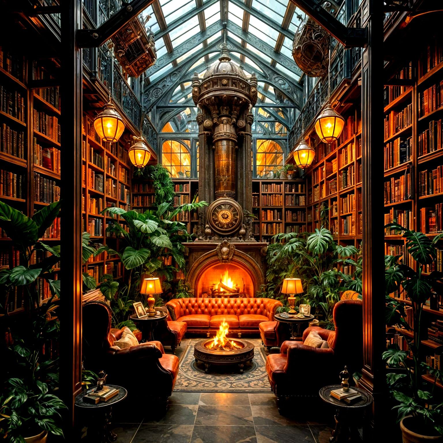 Futuristic Cozy Library with Glass Atrium, Sci-Fi Art