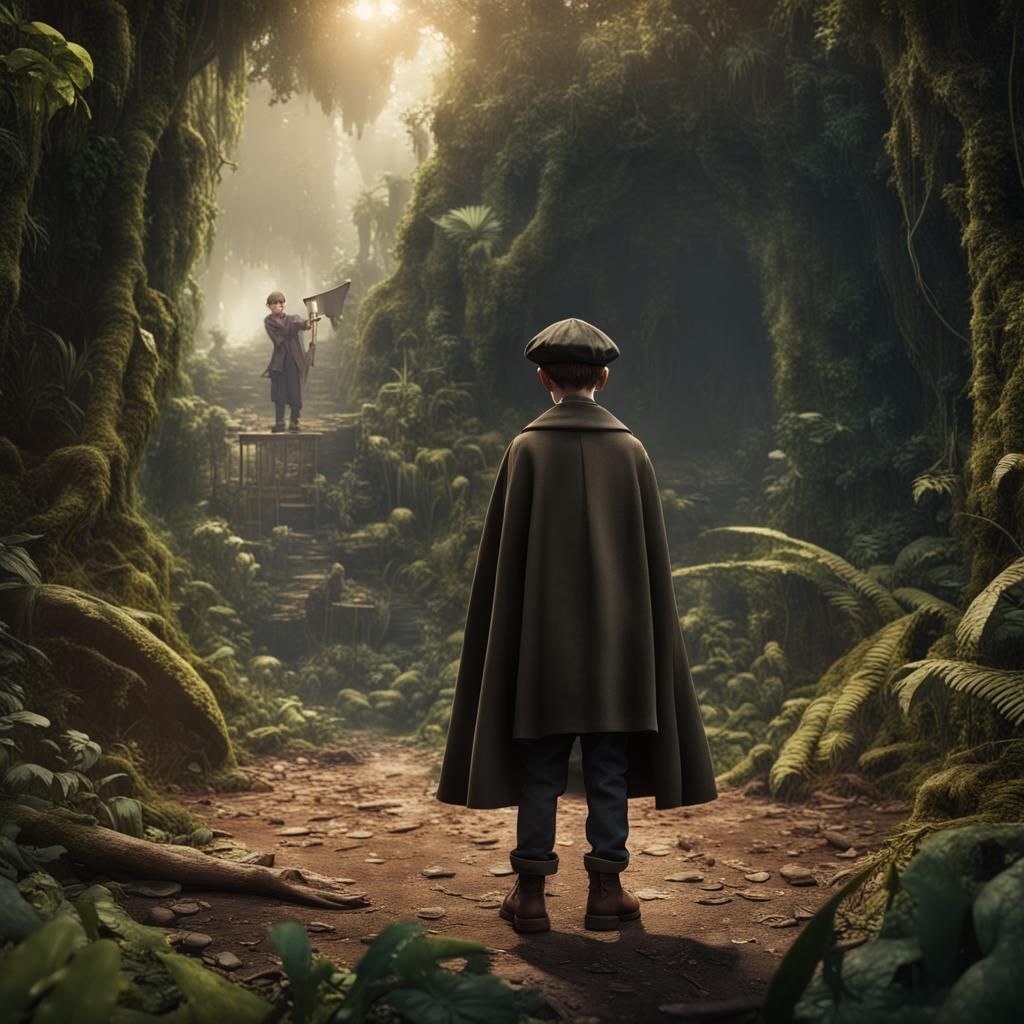 Boy in Jungle with Poster: Detailed Matte Painting