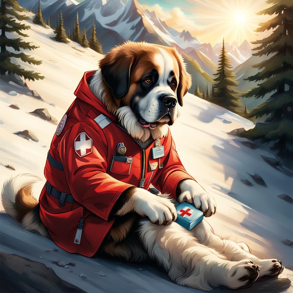 Saint Bernard Mountain Rescue in Comic Art Style