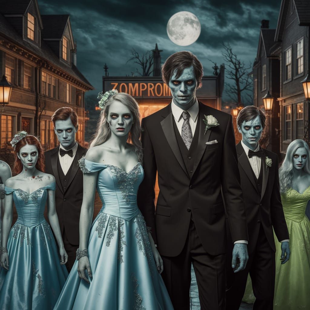 A scary prom night for zombies. The sign reads, "ZomProm".