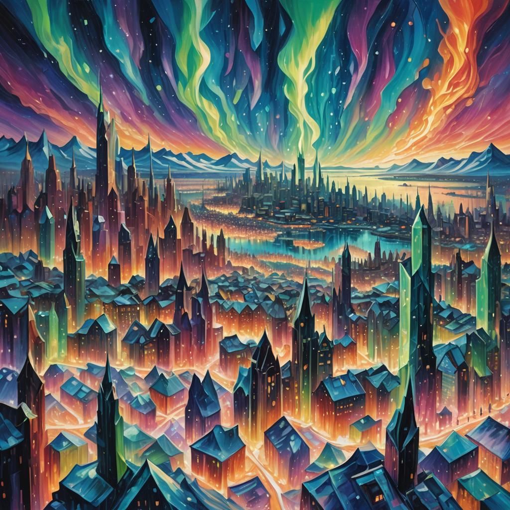 Crystal Cityscape Under Aurora Borealis: Oil Painting