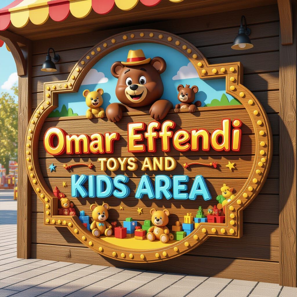 Wooden Amusement Park Sign with Cheerful Bear