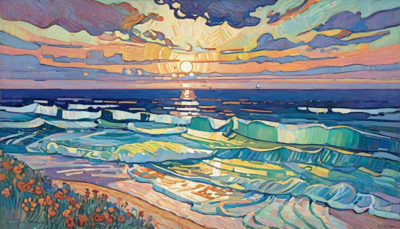 Vibrant Summer Night Seascape in Impressionist Style