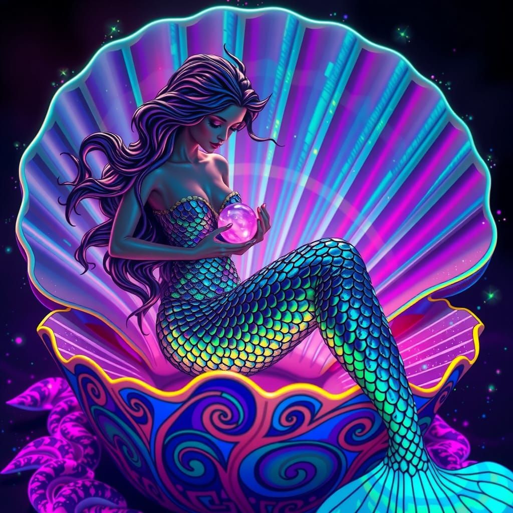 Majestic Mermaid Illuminated by Neon Hues and Glowing Blackl...