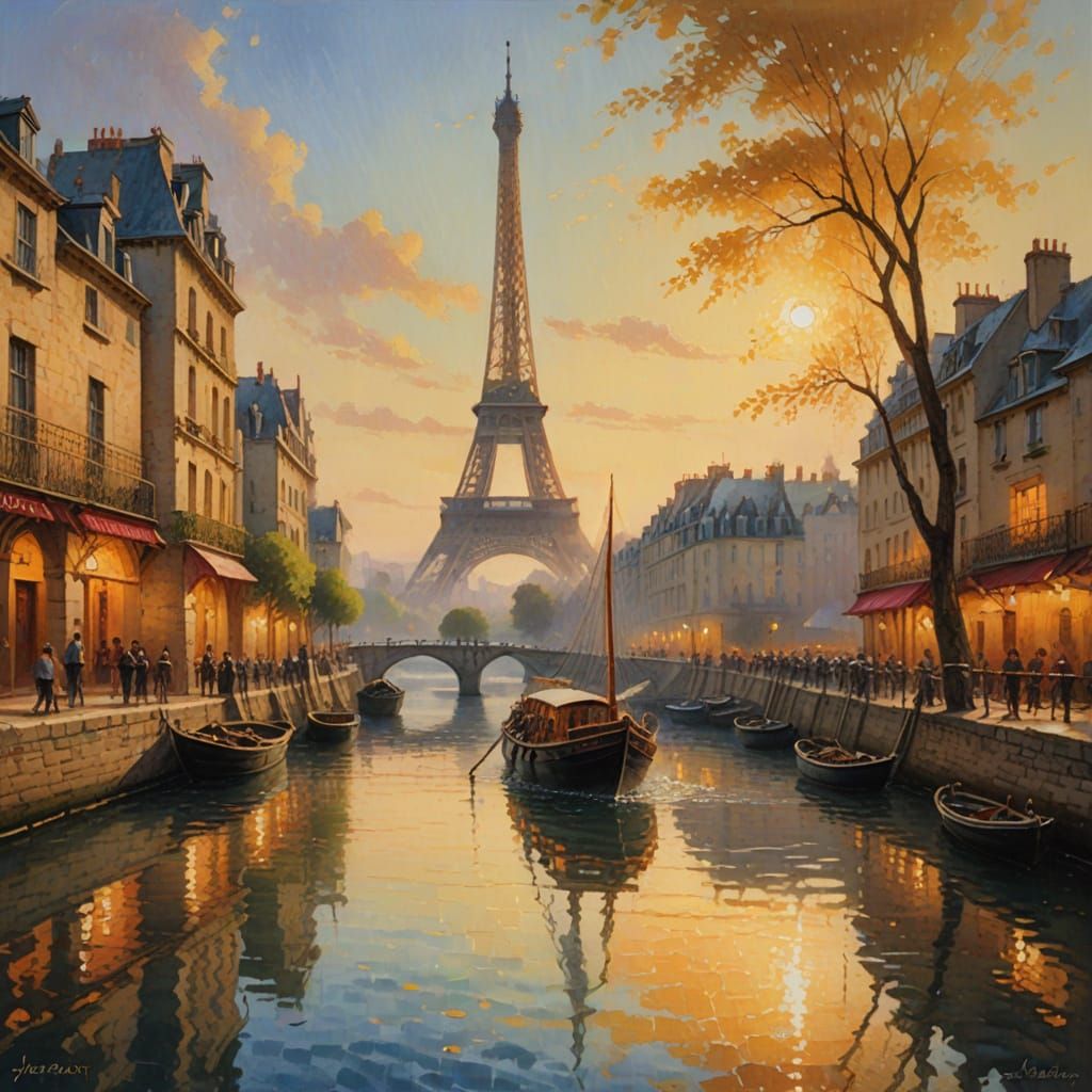 Medieval Harbour Scene with Eiffel Tower, Oil Painting