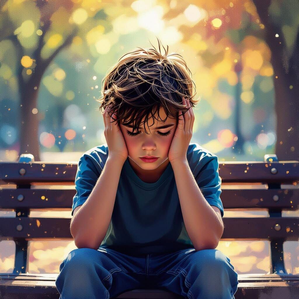 Boy Deep in Thought on a Park Bench