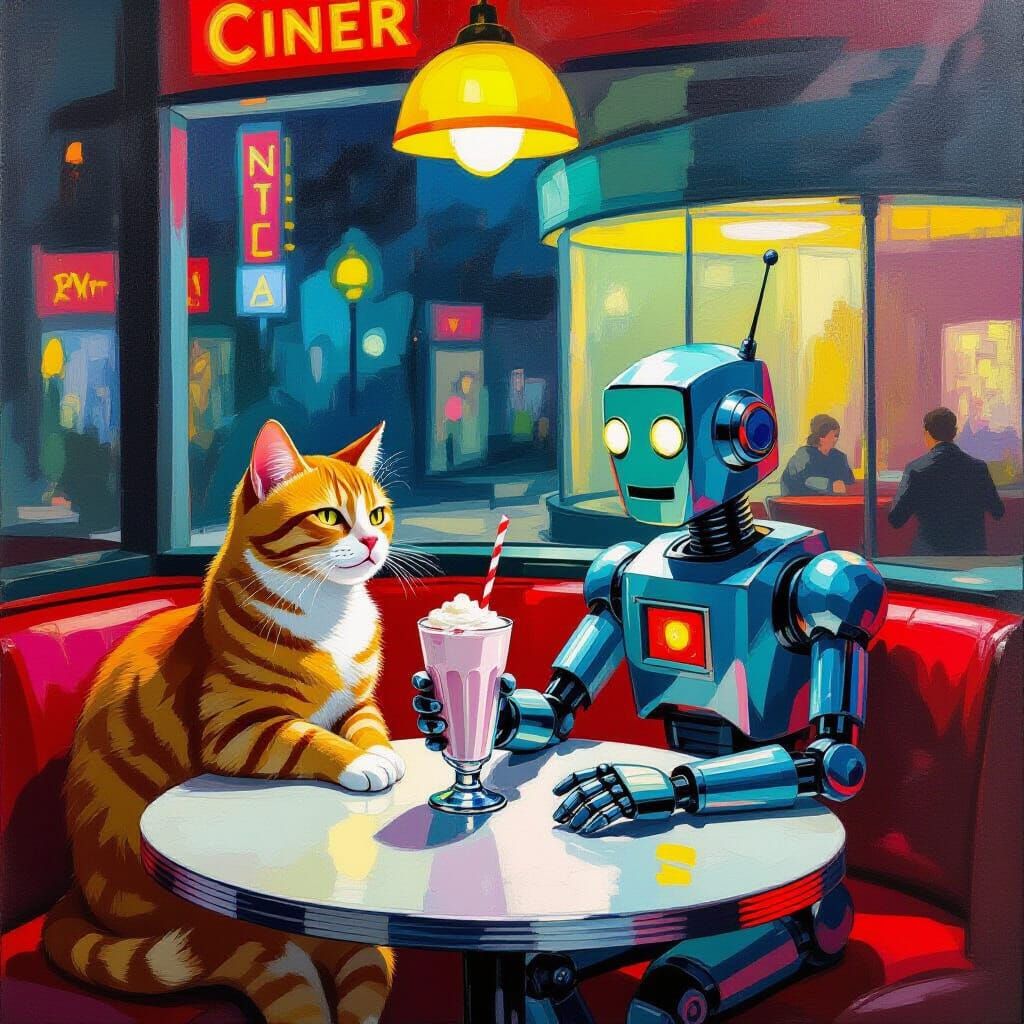 Cat and Robot Share Milkshake, Expressionist Painting