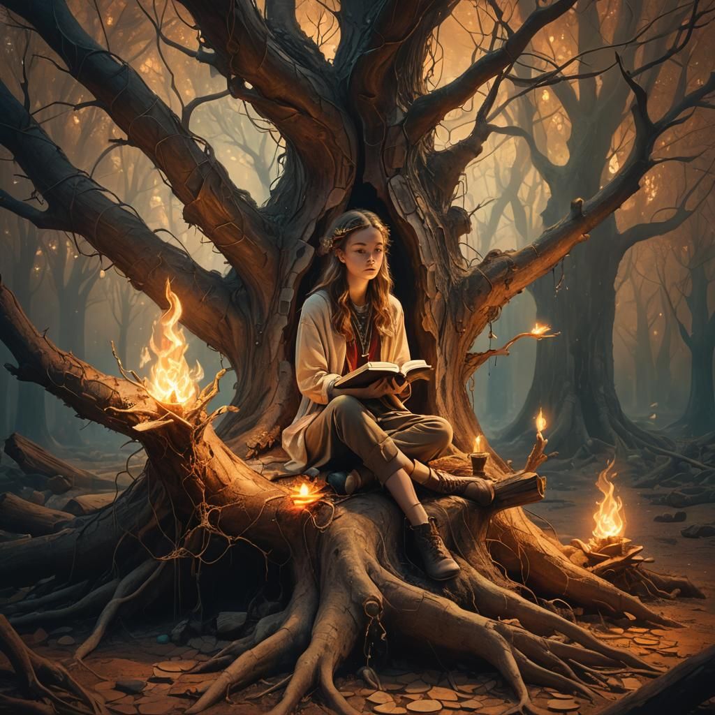 Mystical Woman Meditating with Flame, Digital Art