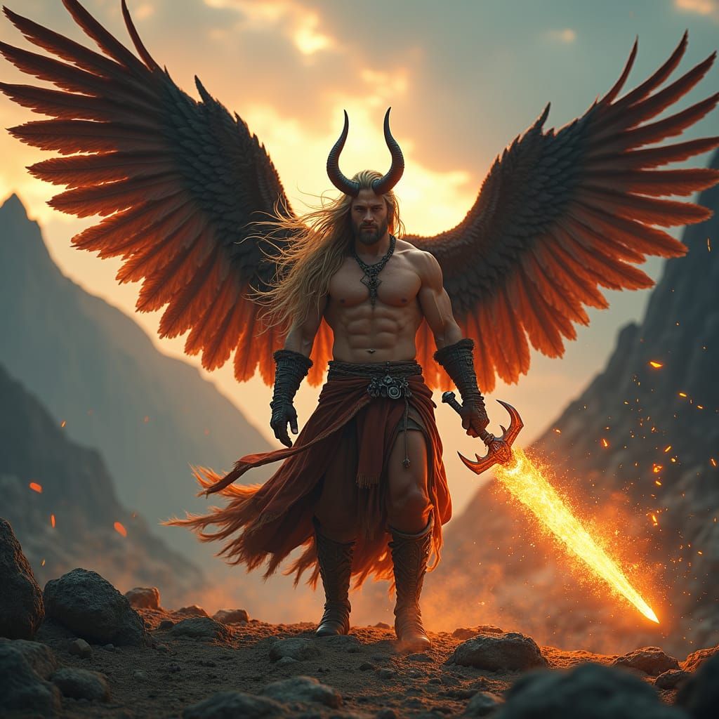 Winged Warrior with Flaming Sword in Matte Painting Style
