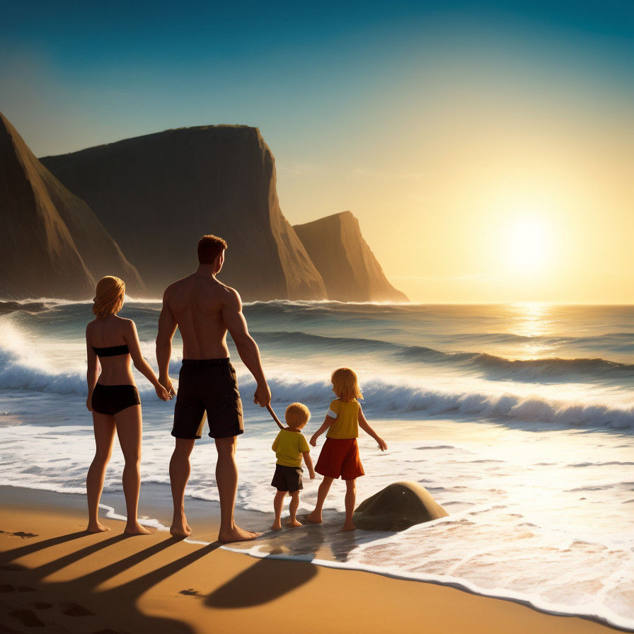 Hyperrealistic Beach Scene: Family Builds Sandcastles at Sun...