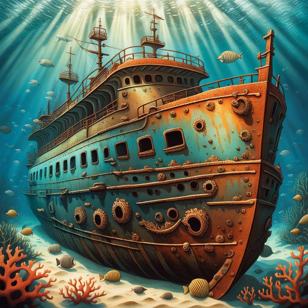 Sunken Shipwreck in Coral, Surreal Underwater Scene