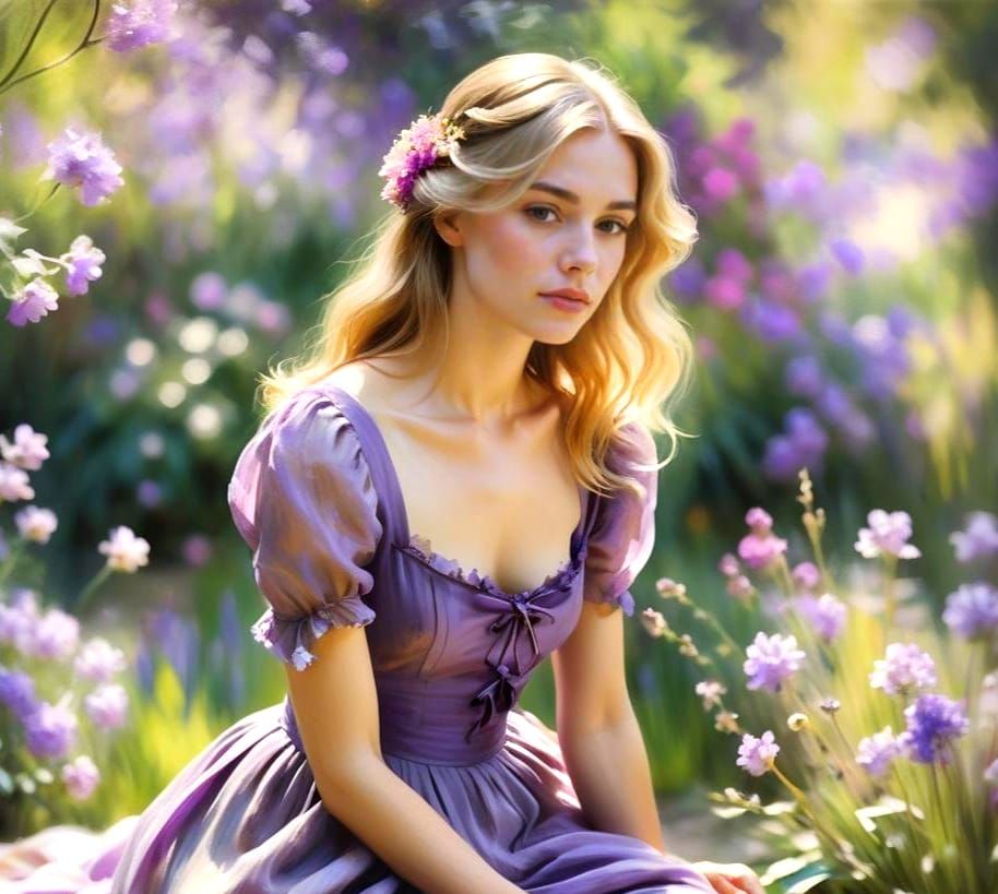 Elegant French Girl in Purple Dress