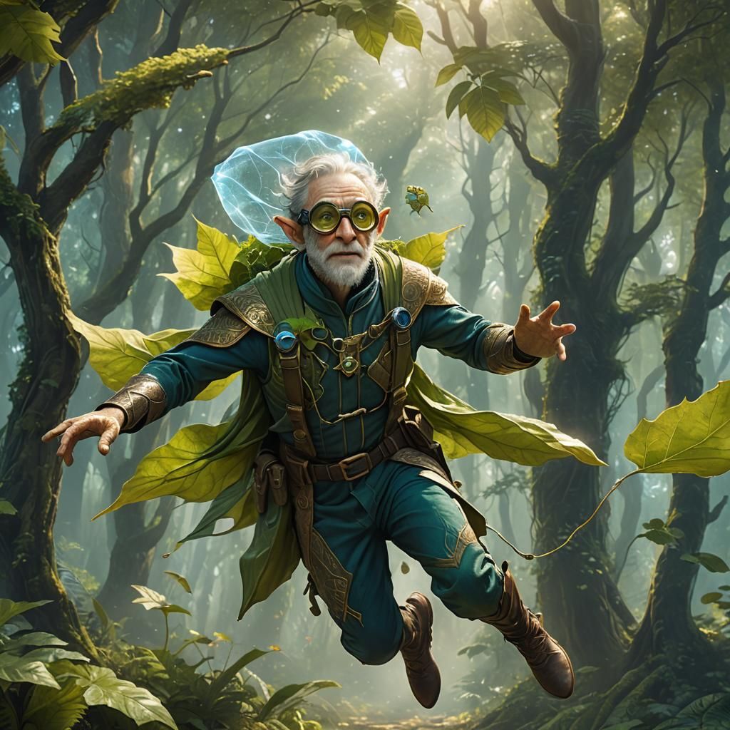 Elf Free-Falling with Leaf Parachute in Sci-Fi Fantasy Style