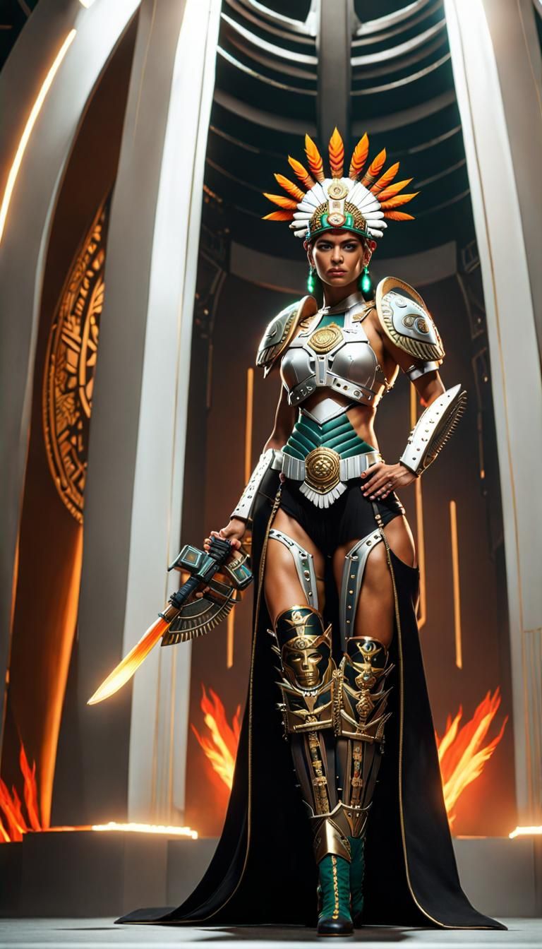 Aztec Warrior Woman in Cyberpunk Servo-Armor