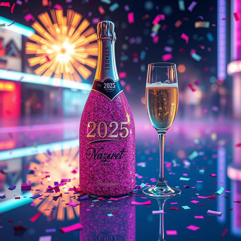 Festive Champagne Bottle in Futuristic Neon Style