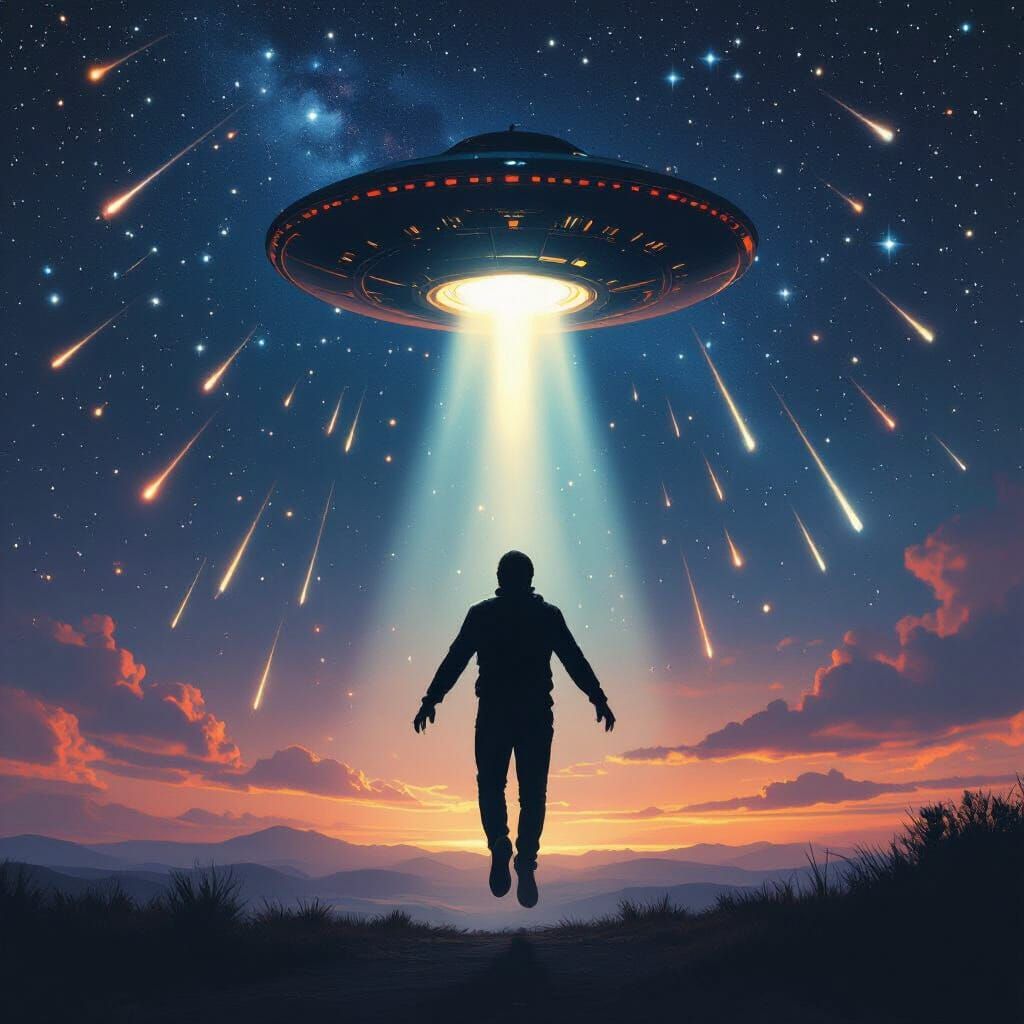 UAP Abduction Ascending into Starry Sky in Mead Style