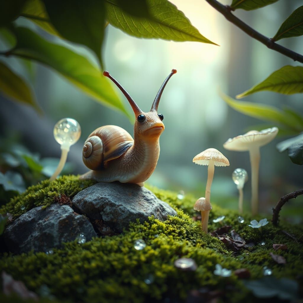 Curious Snail Peeking Over Mossy Rock