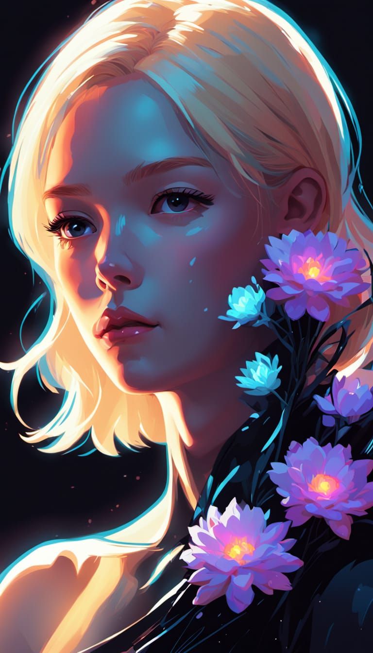 Cute Blonde Girl with Neon Bouquet in Minimalist Art Style