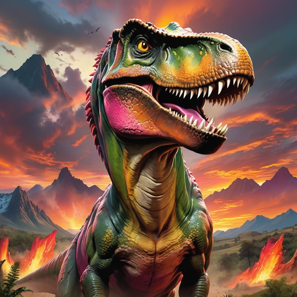 Hyperrealistic T Rex in Vibrant Sunset Landscape, Intricatel...