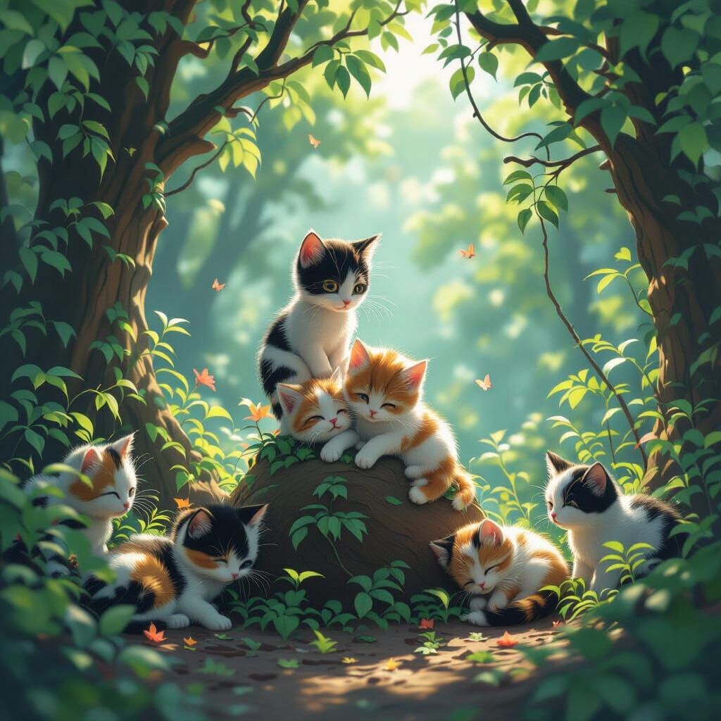 Adorable Calico Kittens Play and Sleep in 3D Anime Style