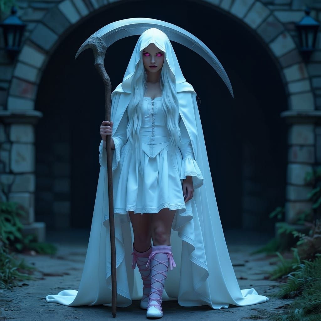 Woman with White Scythe and Pink Eyes