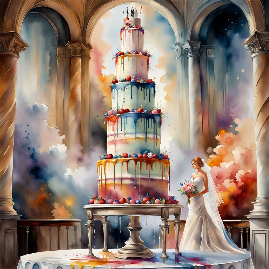 Bride and Groom with Wedding Cake, Watercolor Style