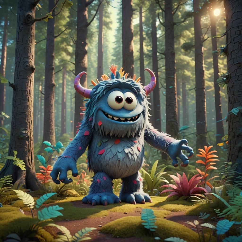 Friendly Grey Monster in Pixar-Style Forest
