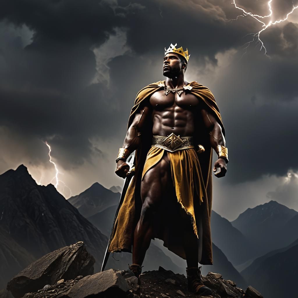 Heroic Black Warrior King on Mountain Peak