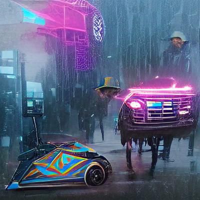 Steampunk Police Car in Cyberpunk Cityscape