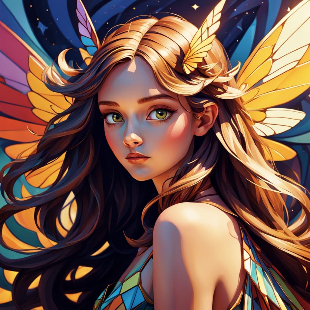 Celestial Fairy with Cubism Wings in Geometric Fauvism