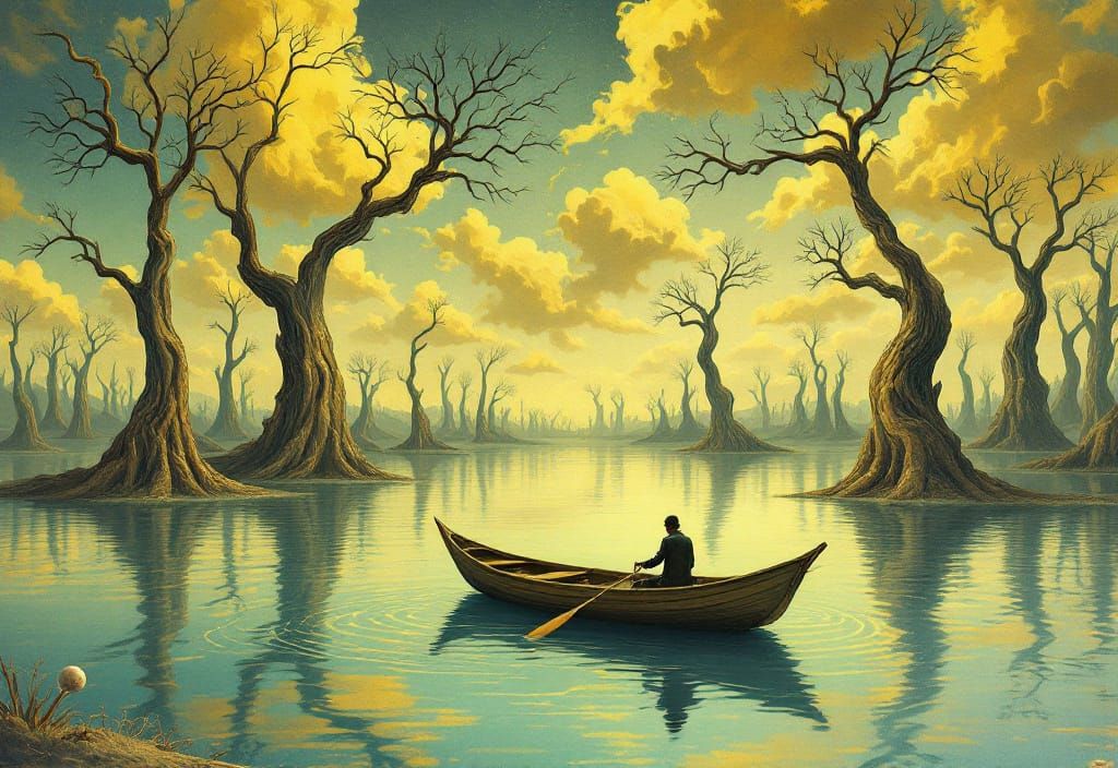 Fisherman on Dreamlike Lake in Dali Style