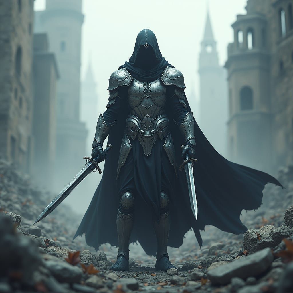 Armored Vampire Knight Amidst Village Ruins