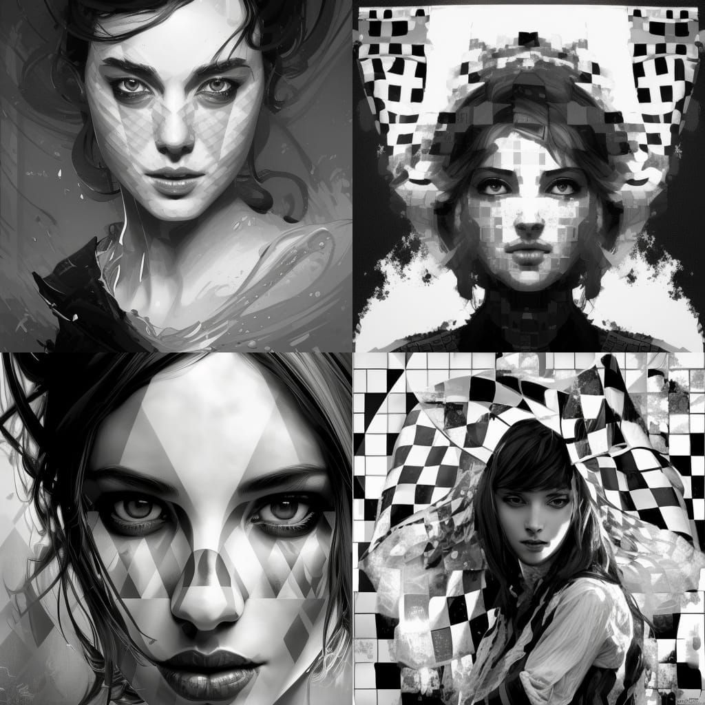 Checkered Wonderland: Detailed Black and White Portrait