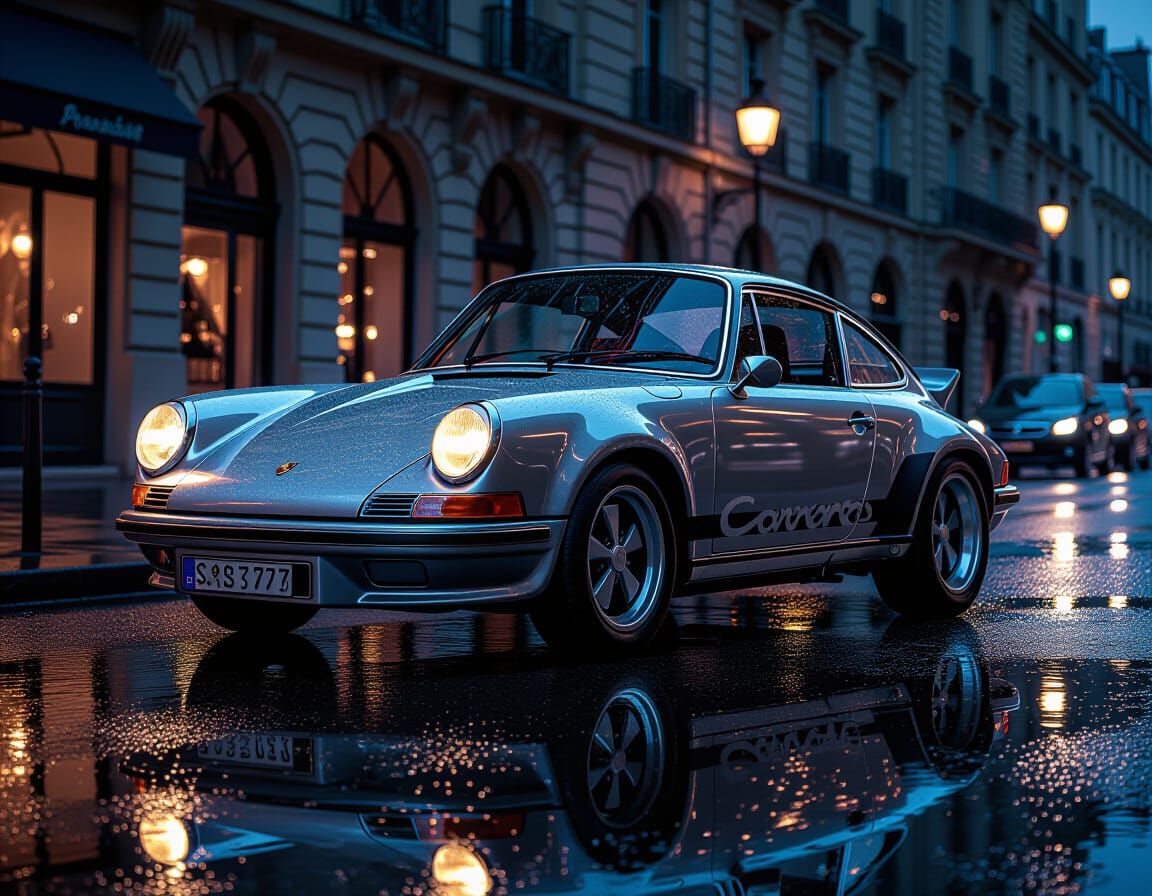 1973 Silver Porsche 911 on Rainy Paris Street at Dusk