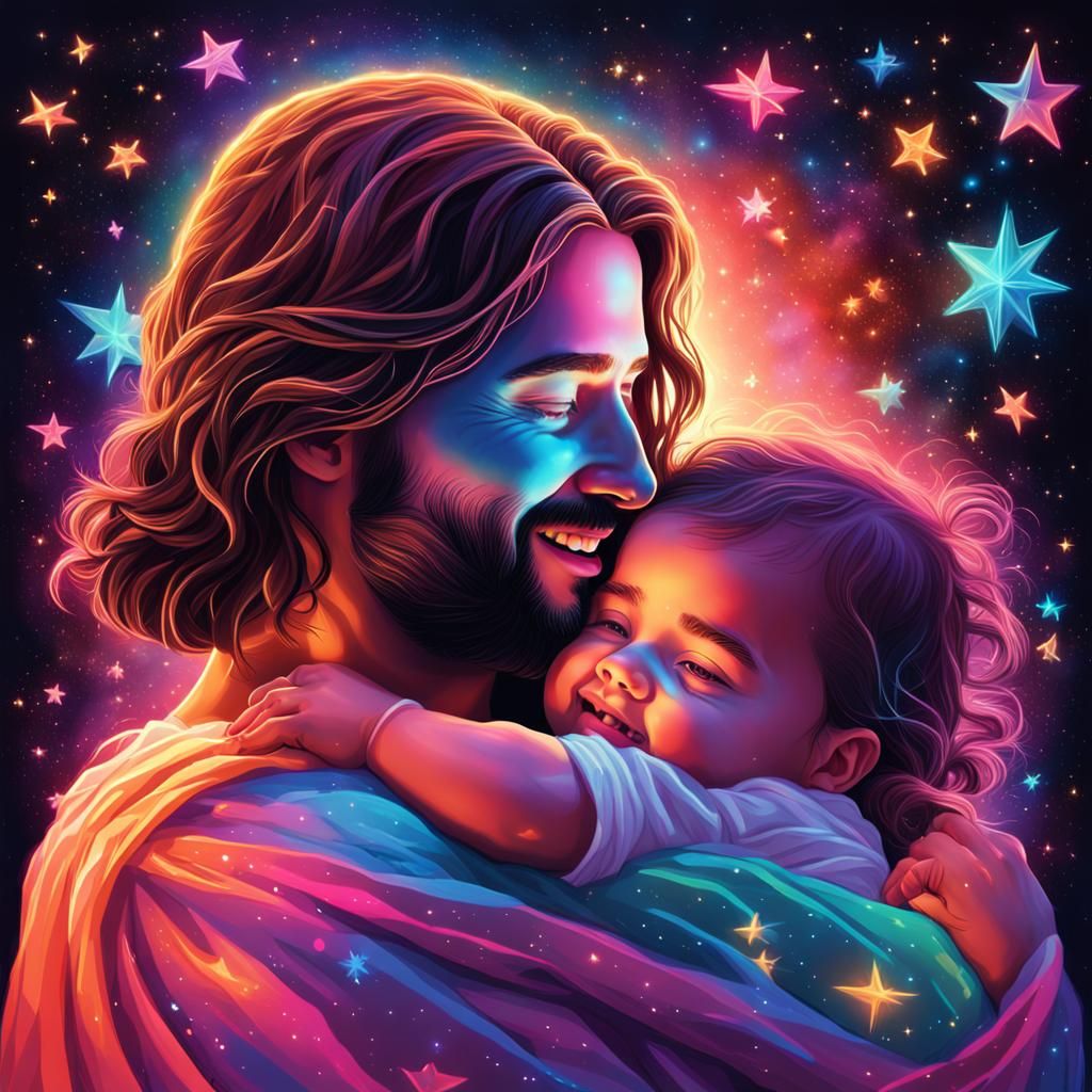 Jesus hugging a baby girl, smiling surrounded by the stars i...