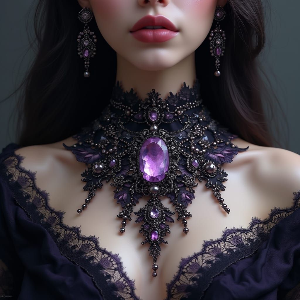 Majestic Fantasy Necklace with Plum Lace and Gemstones