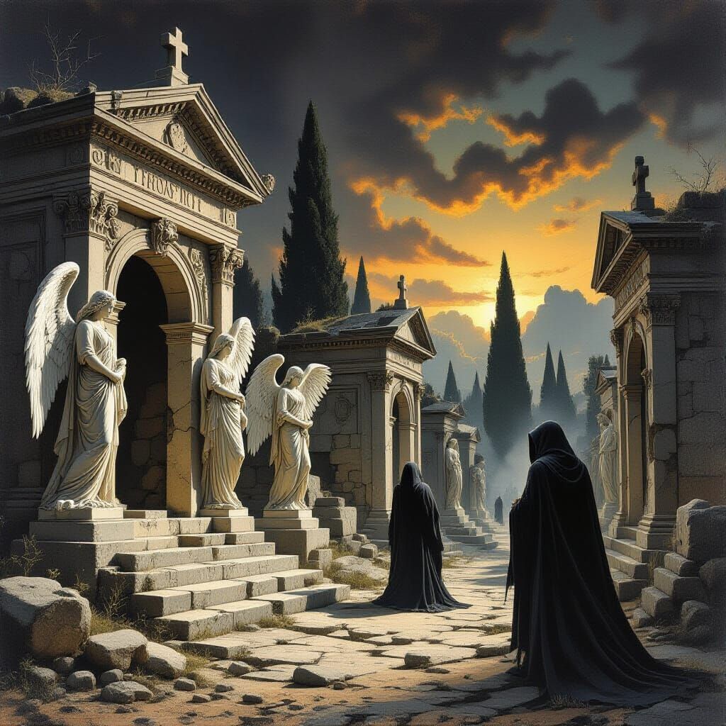 Ancient Necropolis with Angels and Liches in Chiaroscuro Sty...