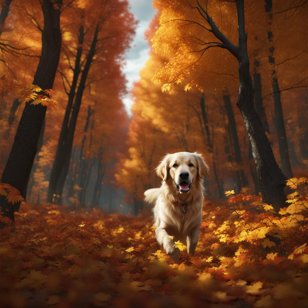 Golden Retriever in Autumn Forest: Detailed Matte Painting